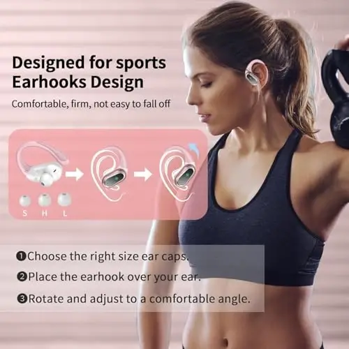 Simsiz quloqchinlar, 2026 Bluetooth 5.4 Sport eshitish vositasi, 60 soatli HiFi Stereo chuqur basli, ENC shovqinni bekor qiluvchi mikrofonli, IP7 suv o‘tkazmaydigan va LED displeyli, sport/yugurish uchun quloq ilgakli quloqchinlar - 4