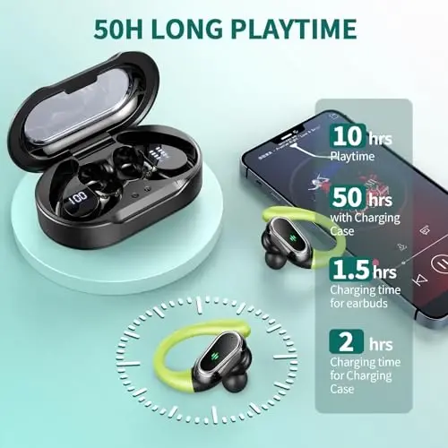 Simsiz quloqchinlar, 2026 Bluetooth 5.4 Sport eshitish vositasi, ENC shovqinni bekor qiluvchi mikrofonli Bluetooth quloqchinlar, 60 soatlik stereo simsiz, IP7 suv o‘tkazmaydigan quloq ilmoqli, mashg‘ulot/yugurish uchun ikki tomonlama LED displey. - 6