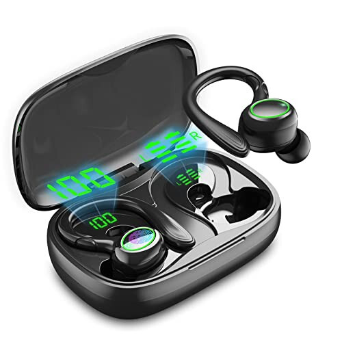 Simsiz Quloqchinlar, 60 soat Davom Etuvchi Bluetooth 5.3 Quloqchinlar, LED Batareya Displeyli Shovqinni Bekor Qiluvchi Simsiz Quloqchinlar, Mikrofonlar Aniq Qo'ng'iroq, Mashg'ulotlar Sporti Uchun IPX6 Su O'tkazmaydigan Bluetooth Quloqchinlar (QORA) - GJB