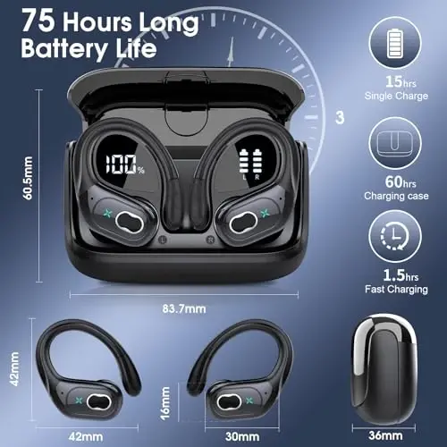 Simsiz quloqchinlar 75 soat Bluetooth 5.3, sport quloqchinlar, 2024 Bluetooth quloqchinlar stereo chuqur basli, quloq ilmoqlari bilan, ENC shovqinni bekor qiluvchi mikrofon, IPX7 suv o'tkazmaydigan quloqchin, mashg'ulotlar/yugurish uchun - 4