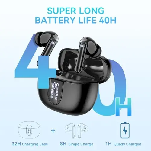 Simsiz quloqchinlar, Bluetooth 5.3 naushniklar 40 soatlik o'yin chuqur bass stereo quloq ichidagi quloqchin, LED quvvat displeyi, mikrofonli qo'ng'iroq shovqinini bekor qiluvchi naushniklar, IOS Android uchun IP7 suv o'tkazmaydigan quloqchinlar qora - 2