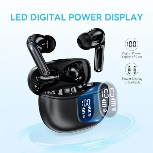 Simsiz quloqchinlar, Bluetooth 5.3 naushniklar 40 soatlik o'yin chuqur bass stereo quloq ichidagi quloqchin, LED quvvat displeyi, mikrofonli qo'ng'iroq shovqinini bekor qiluvchi naushniklar, IOS Android uchun IP7 suv o'tkazmaydigan quloqchinlar qora - 3