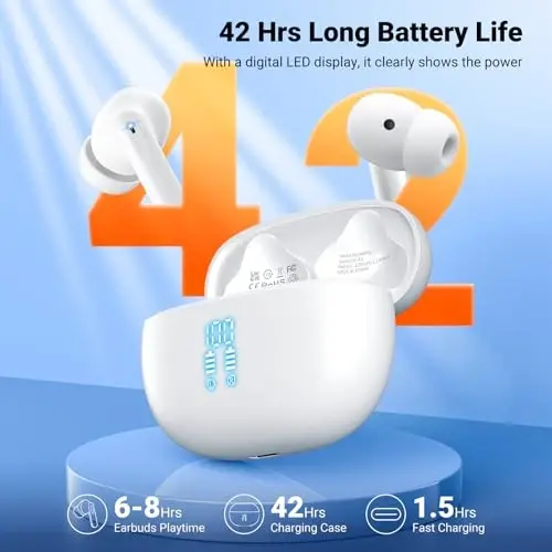 Simsiz Quloqchinlar, Bluetooth 5.3 Quloqchinlar HiFi Stereo & 4 ENC Mikrofon, 42 soat o'ynash vaqti Quloqchinlar Zaryadlash qutisi LED Displey, Bluetooth Quloqchinlar IPX7 Su o'tkazmaydigan iOS Android Quloqchinlar Sport Mashqlari - 3