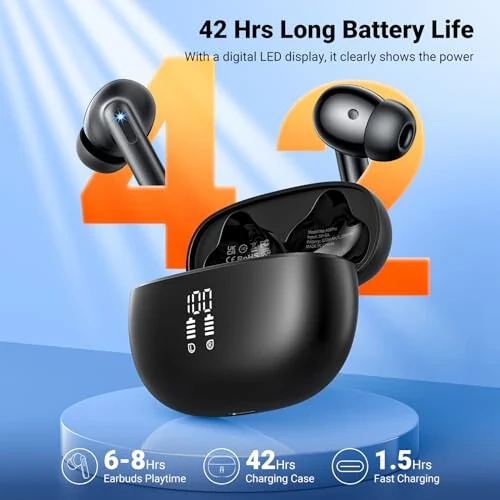 Simsiz Quloqchinlar, Bluetooth 5.3 Quloqchinlar HiFi Stereo & 4 ENC Mikrofon, 42 soat o'ynash vaqti Quloqchinlar Zaryadlash qutisi LED Displey, Bluetooth Quloqchinlar IPX7 Su o'tkazmaydigan iOS Android Quloqchinlar Sport Mashqlari - 4