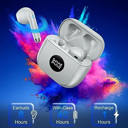 Simsiz quloqchinlar, Bluetooth 5.4 LED quvvat displeyli naushniklar Bass Stereo, Bluetooth quloqchinlar shovqinni bekor qiluvchi mikrofon, 40 soat musiqa tinglash Mini Case IP7 suvga chidamli sport naushniklari Android iOS uchun - 4