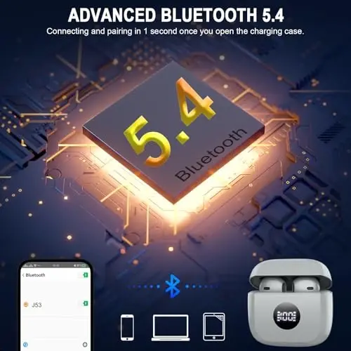Simsiz quloqchinlar, Bluetooth 5.4 LED quvvat displeyli naushniklar Bass Stereo, Bluetooth quloqchinlar shovqinni bekor qiluvchi mikrofon, 40 soat musiqa tinglash Mini Case IP7 suvga chidamli sport naushniklari Android iOS uchun - 3