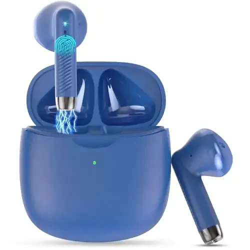 Simsiz quloqchinlar, Bluetooth 5.4 quloqchinlar stereo bass, Bluetooth minigarnituralari shovqinni bekor qiluvchi mikrafon, quloqchinlar IP7 suv o'tkazmaydigan sport, 32H o'yin vaqti USB C zaryadlash qutisi Android iOS uchun ko'k quloqchinlar 