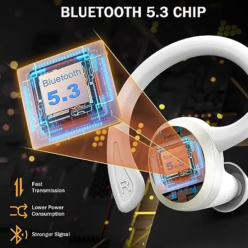 Simsiz quloqchinlar Bluetooth Headphone Sport, Bluetooth 5.3 Earbud 14.2mm Driver Stereo Over Ear Buds, 48H Earphone with Earhooks, Noise Cancelling Mic, IP7 Suv o'tkazmaydigan гарнитура Workout/Yugurish uchun, Oq - 2