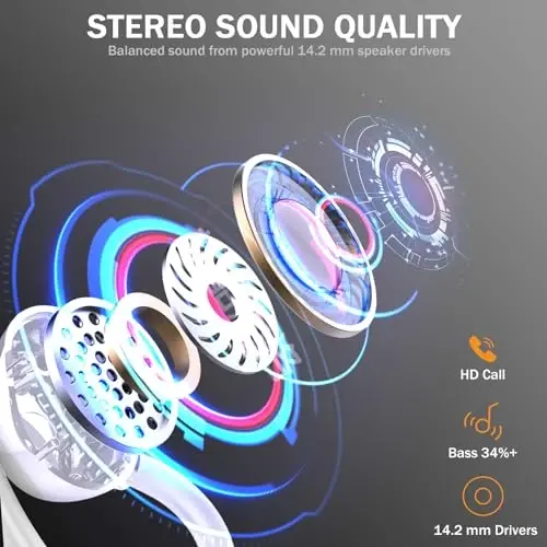 Simsiz quloqchinlar Bluetooth Headphone Sport, Bluetooth 5.3 Earbud 14.2mm Driver Stereo Over Ear Buds, 48H Earphone with Earhooks, Noise Cancelling Mic, IP7 Suv o'tkazmaydigan гарнитура Workout/Yugurish uchun, Oq - 3