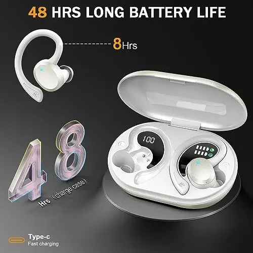 Simsiz quloqchinlar Bluetooth Headphone Sport, Bluetooth 5.3 Earbud 14.2mm Driver Stereo Over Ear Buds, 48H Earphone with Earhooks, Noise Cancelling Mic, IP7 Suv o'tkazmaydigan гарнитура Workout/Yugurish uchun, Oq - 4