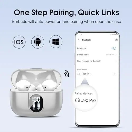 Simsiz quloqchinlar, Bluetooth Headphones HiFi Stereo, 40H In-Ear Earbud, 2024 Bluetooth 5.3 LED Power Display bilan, IP7 Suvga chidamli Simsiz Eshitish vositalari Android iOS uchun Sport гарнитураси - 6