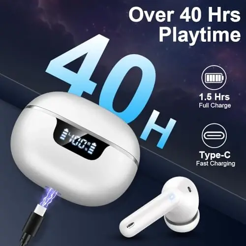Simsiz quloqchinlar, shovqinni bekor qiluvchi mikrofonli Bluetooth 5.4 quloq ichidagi naushniklar, Bluetooth naushniklar stereo bass, IP7 suv o‘tkazmaydigan sport naushniklari, 32 soatlik USB C zaryadlash oq quloqchinlari Android iOS uchun - 5