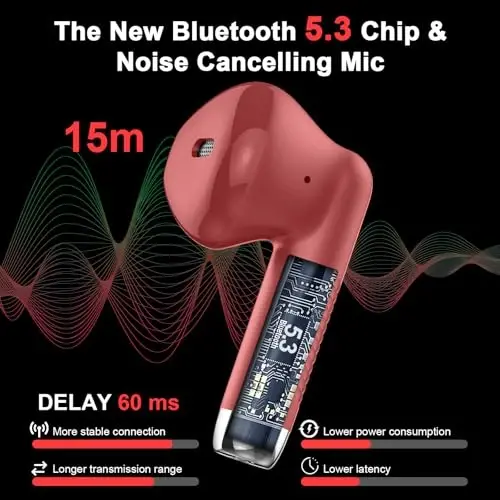 Simsiz quloqchinlar, shovqinni bekor qiluvchi mikrofonli Bluetooth 5.4 quloq ichidagi naushniklar, Bluetooth naushniklar stereo bass, IP7 suv o'tkazmaydigan sport naushniklari, 32 soatlik USB C zaryadlovchi quloqchinlari Android iOS uchun qizil - JXREV (1)