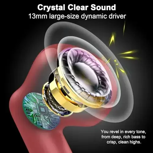 Simsiz quloqchinlar, shovqinni bekor qiluvchi mikrofonli Bluetooth 5.4 quloq ichidagi naushniklar, Bluetooth naushniklar stereo bass, IP7 suv o'tkazmaydigan sport naushniklari, 32 soatlik USB C zaryadlovchi quloqchinlari Android iOS uchun qizil - 3