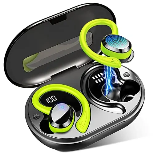 Simsiz quloqchinlar Sport, 2025 Bluetooth 5.4 Bass Hi-Fi Stereo quloq ichidagi, 56 soat shovqinni bekor qiluvchi quloqchin, quloq ilgagi bilan, IP7 suv o'tkazmaydigan naushniklar noutbuk pad Android iOS uchun mashg'ulot yugurish - 1