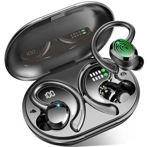 Simsiz quloqchinlar Sport, 2025 Bluetooth 5.4 Naushniklar 3D Bass Hi-Fi Stereo Quloq ichiga tushadigan kurtkalar, 60H ENC shovqinni bekor qiluvchi гарнитура Quloq ilgagi bilan, IP-X7 suvga chidamli quloqchinlar Android iOS uchun sport zalida yugurish - RULEFISS