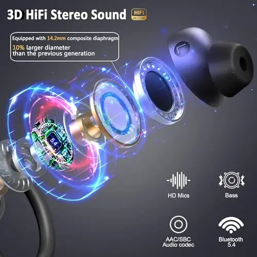 Simsiz quloqchinlar Sport, 2025 Bluetooth 5.4 Naushniklar 3D Bass Hi-Fi Stereo Quloq ichiga tushadigan kurtkalar, 60H ENC shovqinni bekor qiluvchi гарнитура Quloq ilgagi bilan, IP-X7 suvga chidamli quloqchinlar Android iOS uchun sport zalida yugurish - 3
