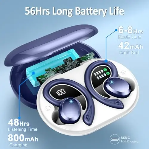 Simsiz quloqchinlar Sport, 2025 Bluetooth 5.4 naushniklar Bass Hi-Fi Stereo quloq usti kurtaklari, 56 soat shovqinni bekor qiluvchi гарнитура quloq ilgagi bilan, IP7 suv o'tkazmaydigan naushniklar noutbuk Pad Android iOS uchun mashq qilish yugurish - 4