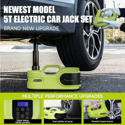 Simtamy Electric Car Jack Kit 5T 12V Hydraulic Tire Jack with Double Cylinder Air Pump & LCD Touch Screen & Impact Wrench Portable Car Lift for Tire Changes and Roadside Emergencies - 2