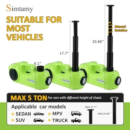 Simtamy Electric Car Jack Kit 5Ton 12V Car Jack Hydraulic (Lifting Range: 6.1-20.86 inch) with Impact Wrench & Inflator for SUV MPV Sedan Truck with LCD Tire Pressure Display - SIMTAMY (1)