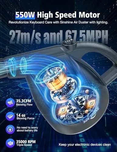 SIN SHINE - Compressed Air 4.0- Multi-Use Electric Air Duster for Cleaning Dust, Hairs, Crumbs, Scraps for Laptop, Computer, Replaces Compressed Air Cans & Canned Air (AD01-Silver) - 2