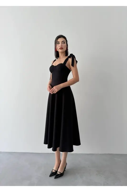 Sindirella Midi Atlas Elbise-siyah - 4