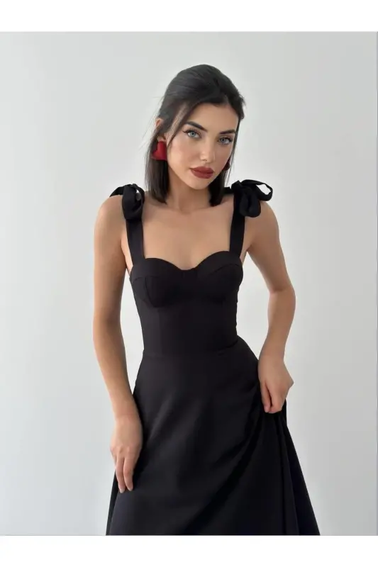 Sindirella Midi Atlas Elbise-siyah - 5