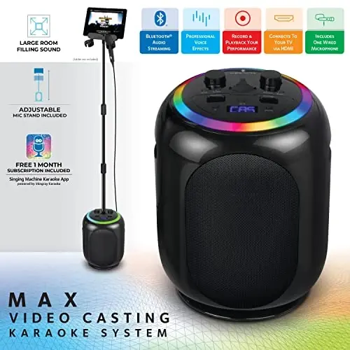 Singing Machine SingCast MAX Bluetooth Video Casting Karaoke Machine, Party Speaker, Microphone, 22 Voice Effects, Pitch Correction, Lights, Stand, 35W Sound for PA System Function for Adults & Kids - 3