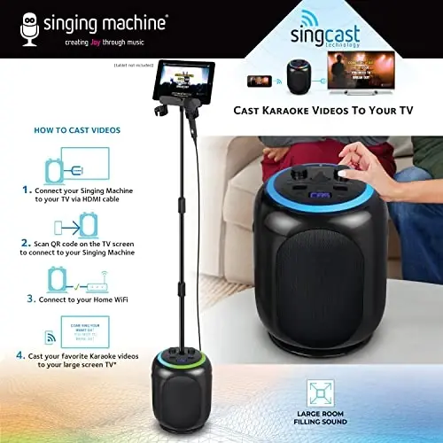 Singing Machine SingCast MAX Bluetooth Video Casting Karaoke Machine, Party Speaker, Microphone, 22 Voice Effects, Pitch Correction, Lights, Stand, 35W Sound for PA System Function for Adults & Kids - 2