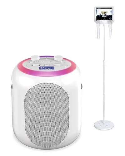 Singing Machine SMC2040S Karaoke Tizimi, 50 vatt Tizim, Sing Cast Video Oqim Tizimi va Pitch Lab Texnologiyasi Qayta zaryadlanuvchi Batareya va Ikki Simsiz Mikrofon, Oq - 1