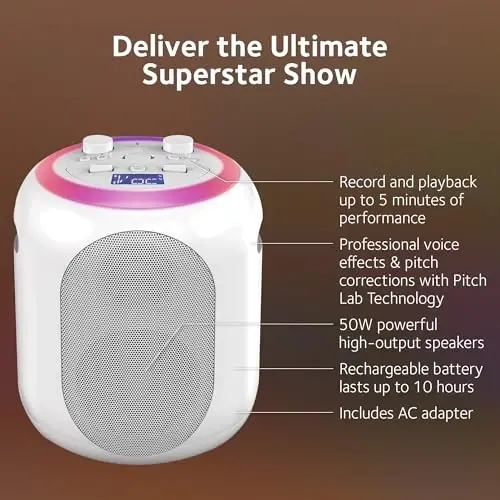 Singing Machine SMC2040S Karaoke Tizimi, 50 vatt Tizim, Sing Cast Video Oqim Tizimi va Pitch Lab Texnologiyasi Qayta zaryadlanuvchi Batareya va Ikki Simsiz Mikrofon, Oq - 4