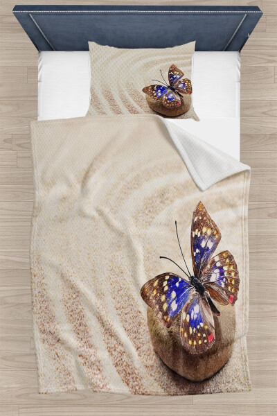 Single Bedspread Duvet Set with Yellow Beach Pattern and Blue Butterflies - ELSE DEKOR