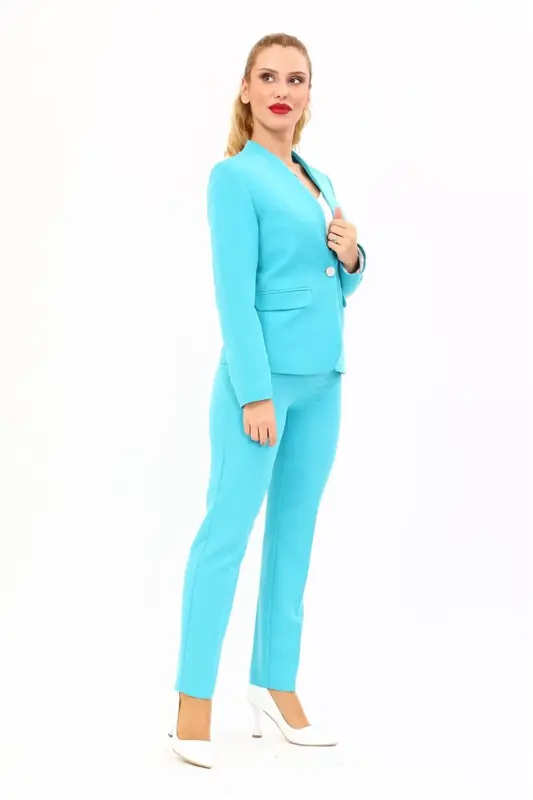 Single Button Classic Jacket & Slim Fit Pants-Turquoise-Turquoise - 3
