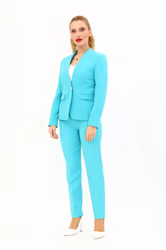Single Button Classic Jacket & Slim Fit Pants-Turquoise-Turquoise - 5