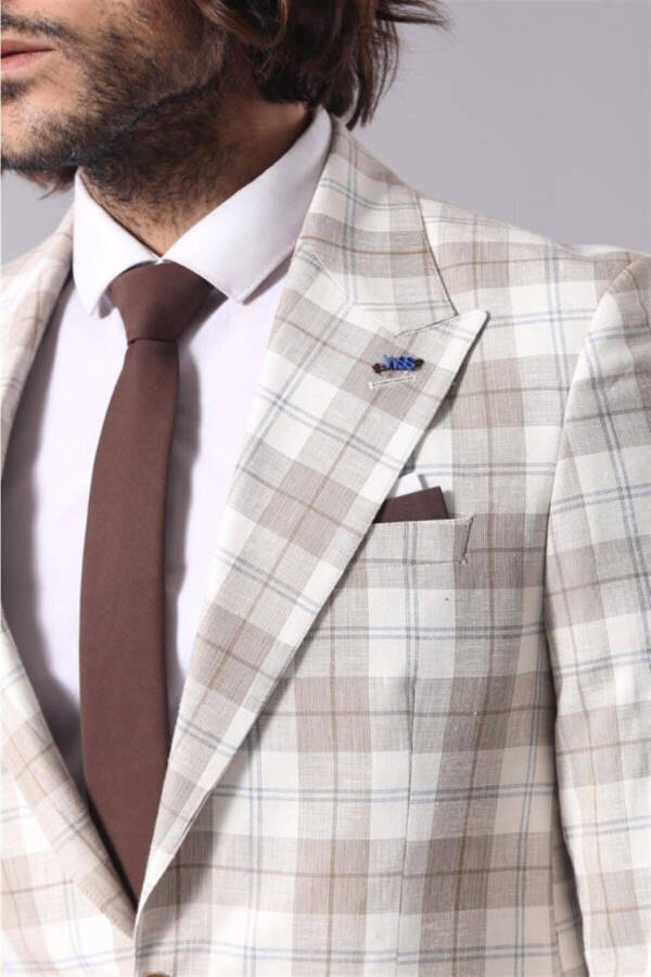 Single Button Wide Peak Lapel Cream Jacket - Wessi - 2