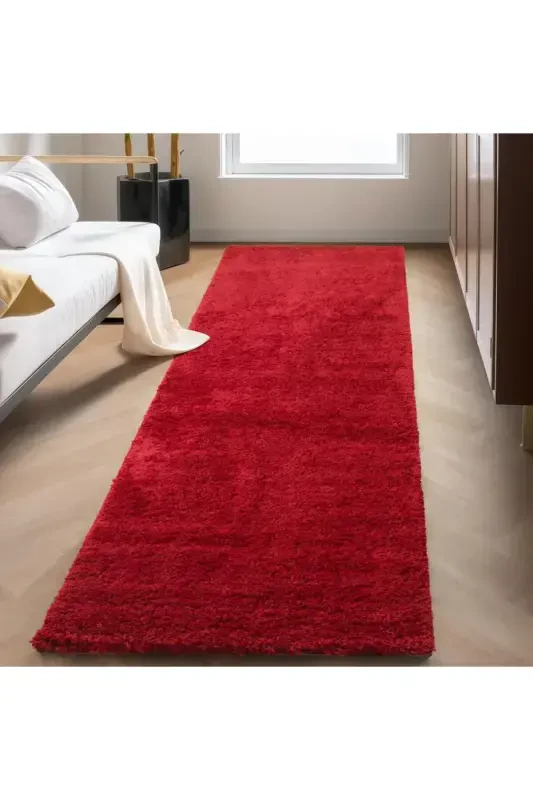 Single Color Plain Red Soft Fleece Plush Shaggy Carpet Living Room Runner Kitchen Rug - Red - 7