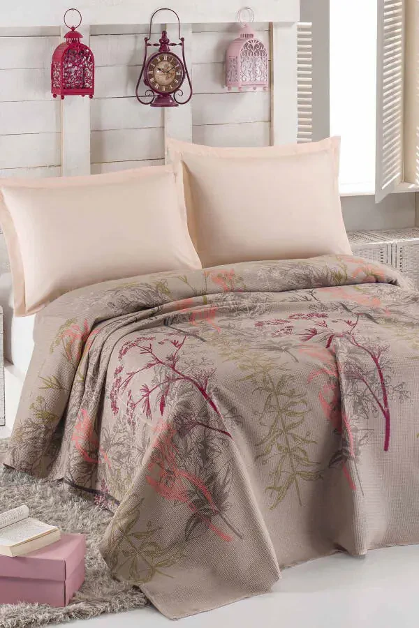 Single Natural Printed Urla Beige Blanket - 4