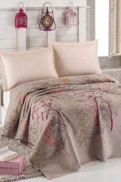 Single Natural Printed Urla Beige Blanket - EPONJ HOME