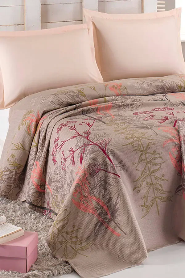 Single Natural Printed Urla Beige Blanket - 2