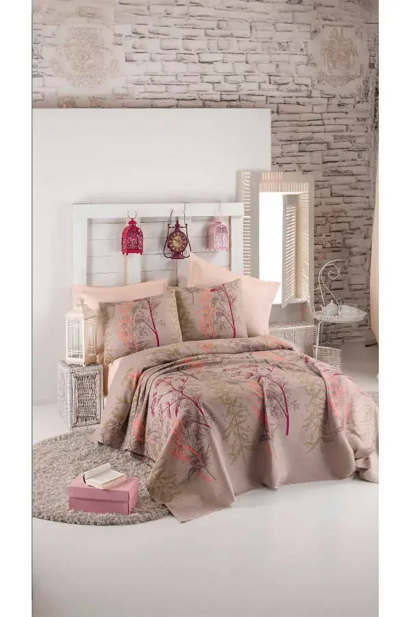 Single Natural Printed Urla Beige Blanket - 3