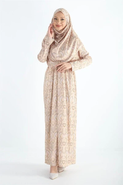 Single Piece Headscarf Wrinkled Patterned Prayer Modest Dress - PLISTRE
