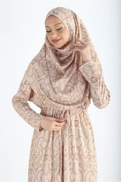 Single Piece Headscarf Wrinkled Patterned Prayer Modest Dress - PLISTRE (1)