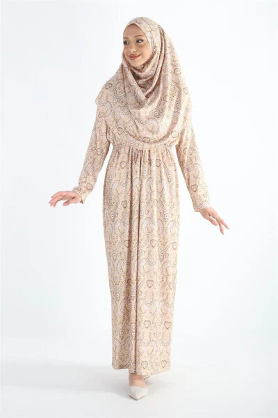 Single Piece Headscarf Wrinkled Patterned Prayer Modest Dress - 3