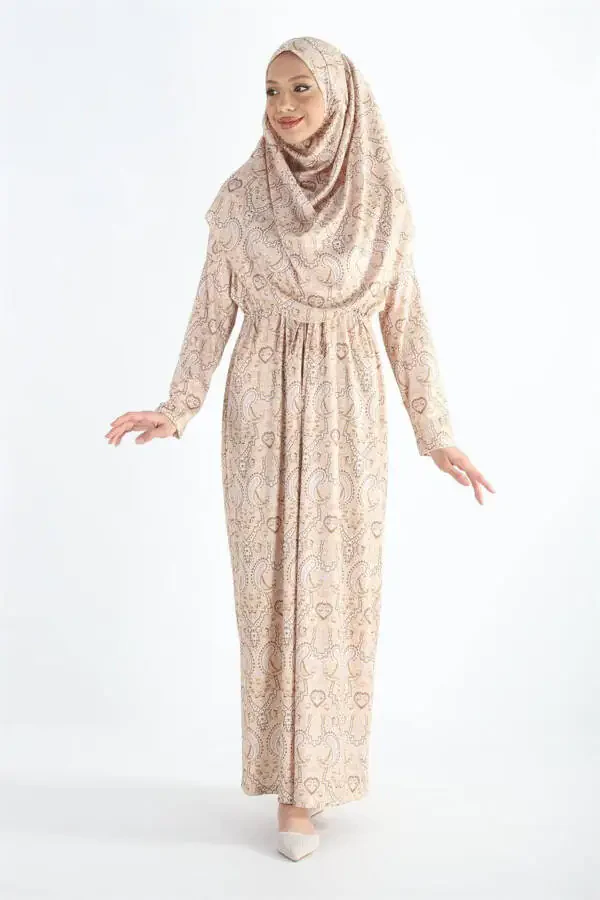 Single Piece Headscarf Wrinkled Patterned Prayer Modest Dress - 3