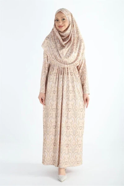 Single Piece Headscarf Wrinkled Patterned Prayer Modest Dress - 4