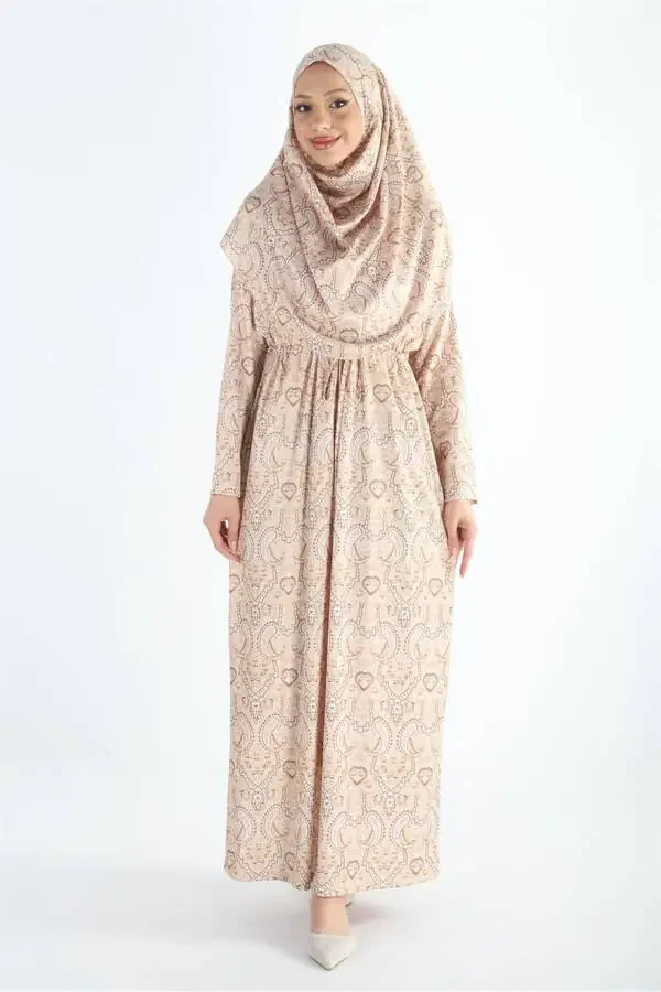 Single Piece Headscarf Wrinkled Patterned Prayer Modest Dress - 4