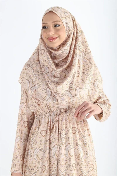 Single Piece Headscarf Wrinkled Patterned Prayer Modest Dress - 5