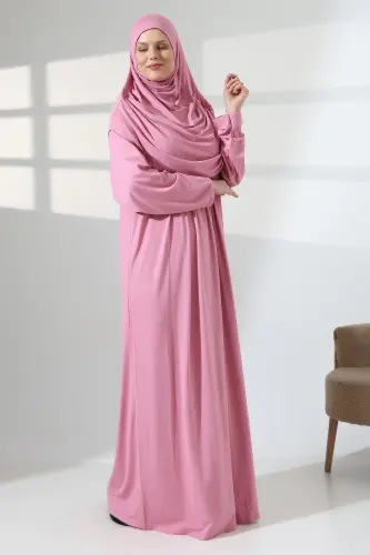 Single Piece Practical Headscarf Robed Prayer Dress 8015 Pink - Pink - 5