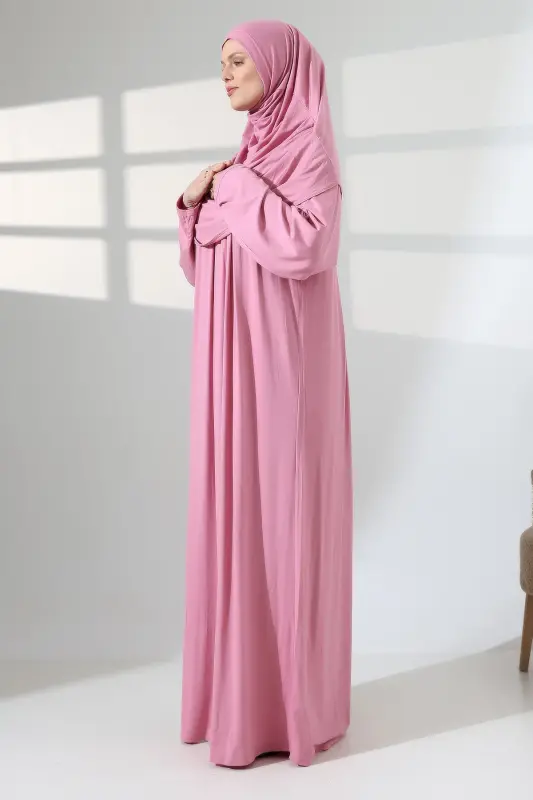 Single Piece Practical Headscarf Robed Prayer Dress 8015 Pink - Pink - 7