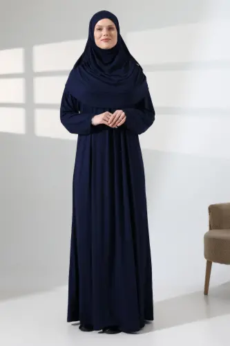 Single Piece Practical Headscarf with Robe Prayer Dress 8015 Navy Blue - Navy Blue - 5